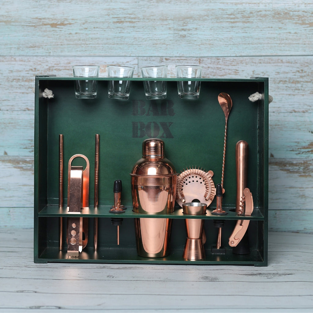 Rose Gold Bartender Kit with Mahogany Stand