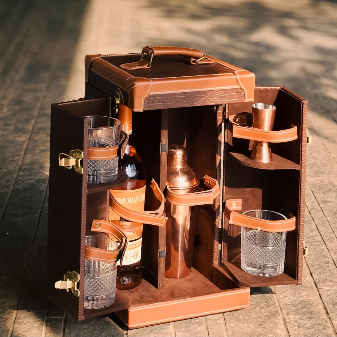 Portable leather home bar cabinet Brown Bar Box