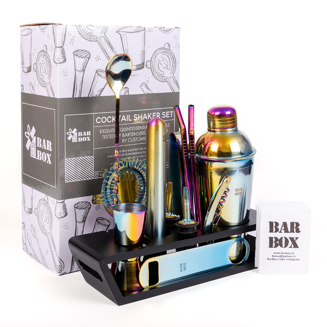 14-Piece Bar Set with Stylish Wooden Display Stand (Rainbow) – Bar Box